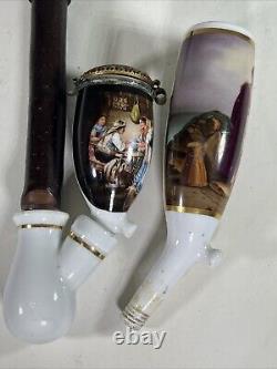 Antique German Smoking Pipe Porcelain Long Stem Hand Painted 19th Century Extra