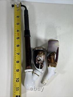 Antique German Smoking Pipe Porcelain Long Stem Hand Painted 19th Century Extra