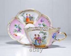 Antique Germany DRESDEN Porcelain Hand Painted Courting Scene Cup & Saucer