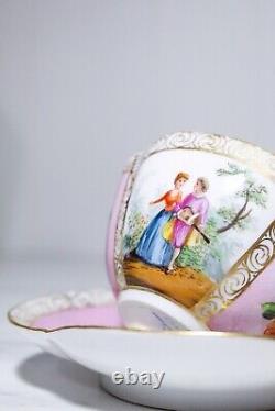 Antique Germany DRESDEN Porcelain Hand Painted Courting Scene Cup & Saucer