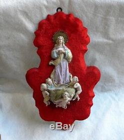 Antique Gorgeous Holy Water Font Velvet Porcelain Virgin Mary Angels Handpainted