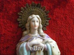 Antique Gorgeous Holy Water Font Velvet Porcelain Virgin Mary Angels Handpainted