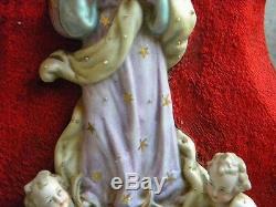 Antique Gorgeous Holy Water Font Velvet Porcelain Virgin Mary Angels Handpainted