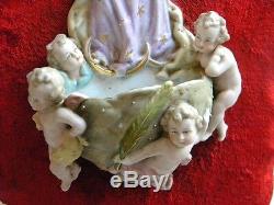 Antique Gorgeous Holy Water Font Velvet Porcelain Virgin Mary Angels Handpainted