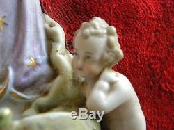 Antique Gorgeous Holy Water Font Velvet Porcelain Virgin Mary Angels Handpainted