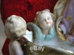 Antique Gorgeous Holy Water Font Velvet Porcelain Virgin Mary Angels Handpainted