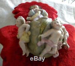 Antique Gorgeous Holy Water Font Velvet Porcelain Virgin Mary Angels Handpainted