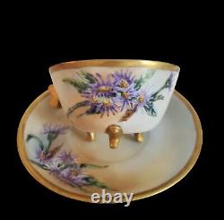 Antique Guerin Limoges WG & Co Hand Painted Tea Cup & Saucer Dragonfly Handle