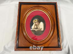 Antique HAND PAINTED PORCELAIN PORTRAIT PLAQUE WOMAN READING FRAMED