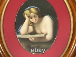 Antique HAND PAINTED PORCELAIN PORTRAIT PLAQUE WOMAN READING FRAMED