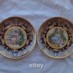 Antique Hand Painted Artist Sgd Dresden Porcelain Lady Cupid Cabinet Plate Set