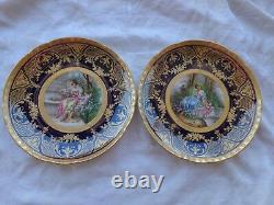 Antique Hand Painted Artist Sgd Dresden Porcelain Lady Cupid Cabinet Plate Set