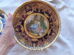 Antique Hand Painted Artist Sgd Dresden Porcelain Lady Cupid Cabinet Plate Set