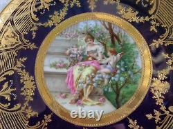 Antique Hand Painted Artist Sgd Dresden Porcelain Lady Cupid Cabinet Plate Set