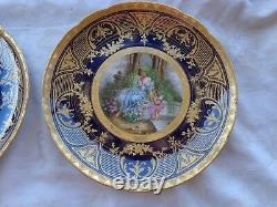 Antique Hand Painted Artist Sgd Dresden Porcelain Lady Cupid Cabinet Plate Set