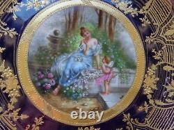 Antique Hand Painted Artist Sgd Dresden Porcelain Lady Cupid Cabinet Plate Set