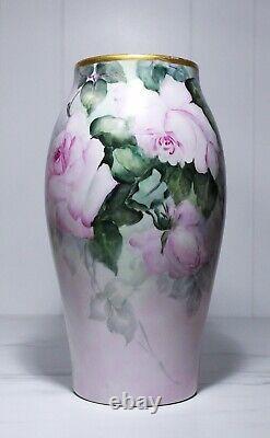 Antique Hand Painted Artist Signed Sara G. Parks Roses Porcelain Large Vase