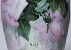 Antique Hand Painted Artist Signed Sara G. Parks Roses Porcelain Large Vase