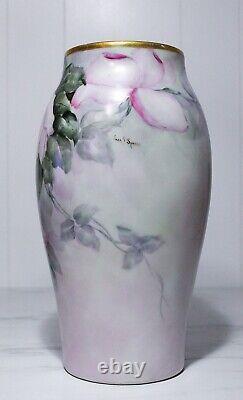 Antique Hand Painted Artist Signed Sara G. Parks Roses Porcelain Large Vase