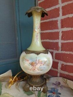 Antique Hand Painted Cherub Floral Porcelain Bronze Finish Mounting Table Lamp