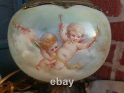 Antique Hand Painted Cherub Floral Porcelain Bronze Finish Mounting Table Lamp