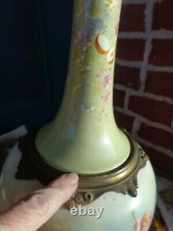 Antique Hand Painted Cherub Floral Porcelain Bronze Finish Mounting Table Lamp