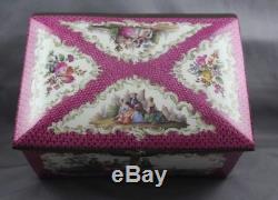 Antique Hand Painted Dresden Porcelain Box Pink Fish Scale Spectacular