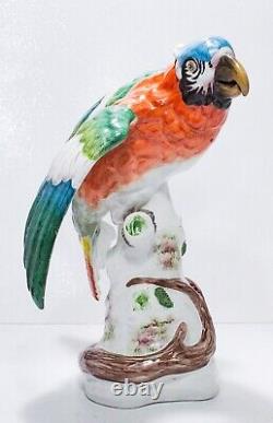 Antique Hand Painted French Large Colorful Parrot Porcelain Sculpture Figure