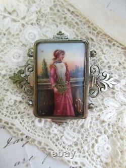 Antique Hand Painted Miniature Porcelain Brooch Pin