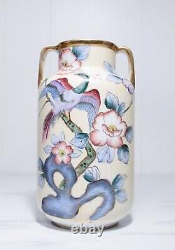 Antique Hand Painted NIPPON Peacock & Floral Motif Handled Porcelain Vase