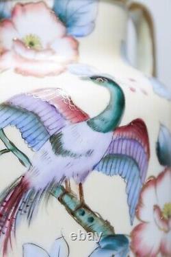 Antique Hand Painted NIPPON Peacock & Floral Motif Handled Porcelain Vase