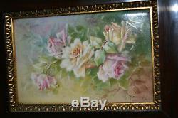 Antique Hand Painted Porcelain Framed Roses Wall Plaque Limoges France Signed