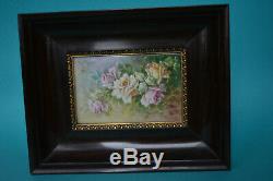 Antique Hand Painted Porcelain Framed Roses Wall Plaque Limoges France Signed