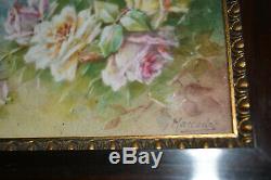 Antique Hand Painted Porcelain Framed Roses Wall Plaque Limoges France Signed