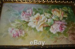 Antique Hand Painted Porcelain Framed Roses Wall Plaque Limoges France Signed