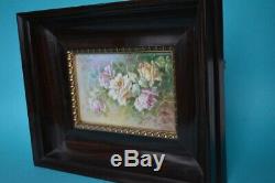 Antique Hand Painted Porcelain Framed Roses Wall Plaque Limoges France Signed