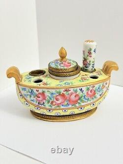 Antique Hand Painted Porcelain Inkstand Sevres Mark Possibly Sevres Brass Mounts