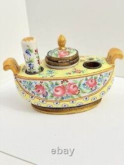 Antique Hand Painted Porcelain Inkstand Sevres Mark Possibly Sevres Brass Mounts