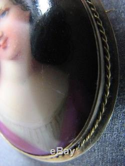 Antique Hand Painted Porcelain Miniature Old Portrait Brooch 14K Yellow Gold Pin