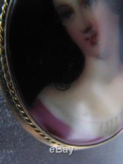 Antique Hand Painted Porcelain Miniature Old Portrait Brooch 14K Yellow Gold Pin