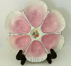 Antique Hand Painted Porcelain Oyster Plate 6 Wells Pink withFlowers in Center 9