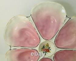 Antique Hand Painted Porcelain Oyster Plate 6 Wells Pink withFlowers in Center 9