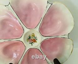 Antique Hand Painted Porcelain Oyster Plate 6 Wells Pink withFlowers in Center 9