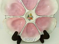 Antique Hand Painted Porcelain Oyster Plate 6 Wells Pink withFlowers in Center 9