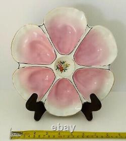 Antique Hand Painted Porcelain Oyster Plate 6 Wells Pink withFlowers in Center 9