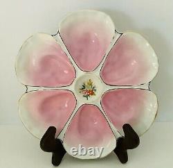 Antique Hand Painted Porcelain Oyster Plate 6 Wells Pink withFlowers in Center 9