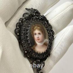 Antique Hand Painted Porcelain Pin Sterling Silver Crowned