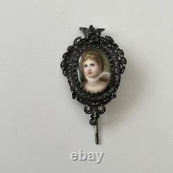 Antique Hand Painted Porcelain Pin Sterling Silver Crowned