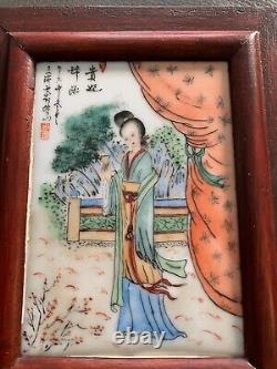 Antique Hand Painted Porcelain Plaque of Window View of an Imperial Concubine