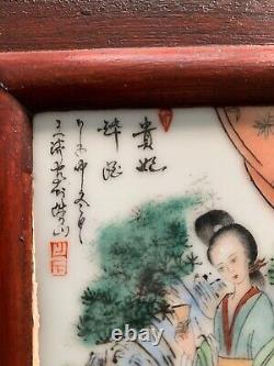 Antique Hand Painted Porcelain Plaque of Window View of an Imperial Concubine